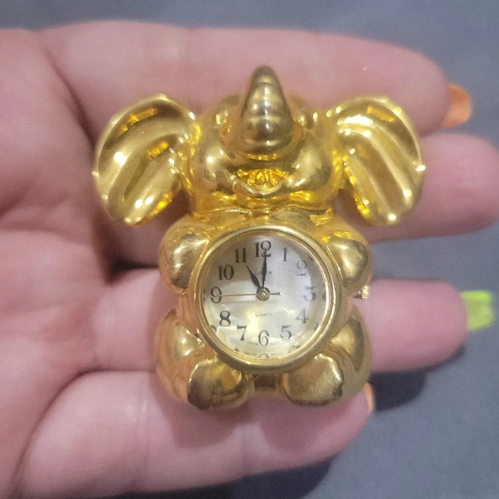 Brass Mini Elephant Desk Clock Heavy Quartex Quartz Analog Gold Finish